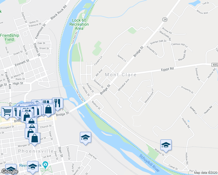 map of restaurants, bars, coffee shops, grocery stores, and more near 104 Grace Street in Mont Clare