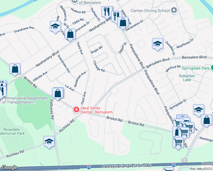 map of restaurants, bars, coffee shops, grocery stores, and more near 4937 Oxford Court in Bucks County