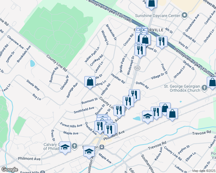 map of restaurants, bars, coffee shops, grocery stores, and more near 19 Hilltop Road in Feasterville-Trevose