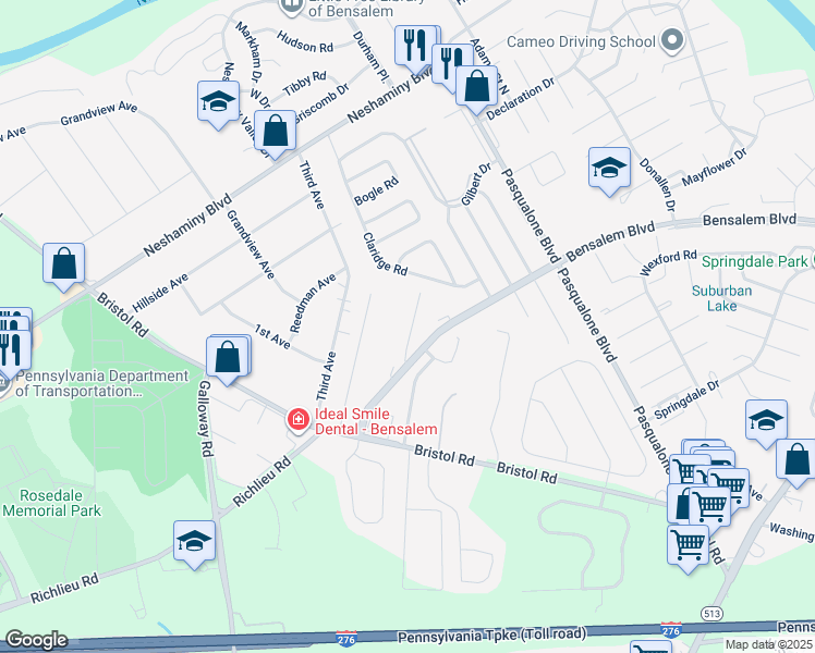 map of restaurants, bars, coffee shops, grocery stores, and more near 4920 Oxford Court in Bensalem