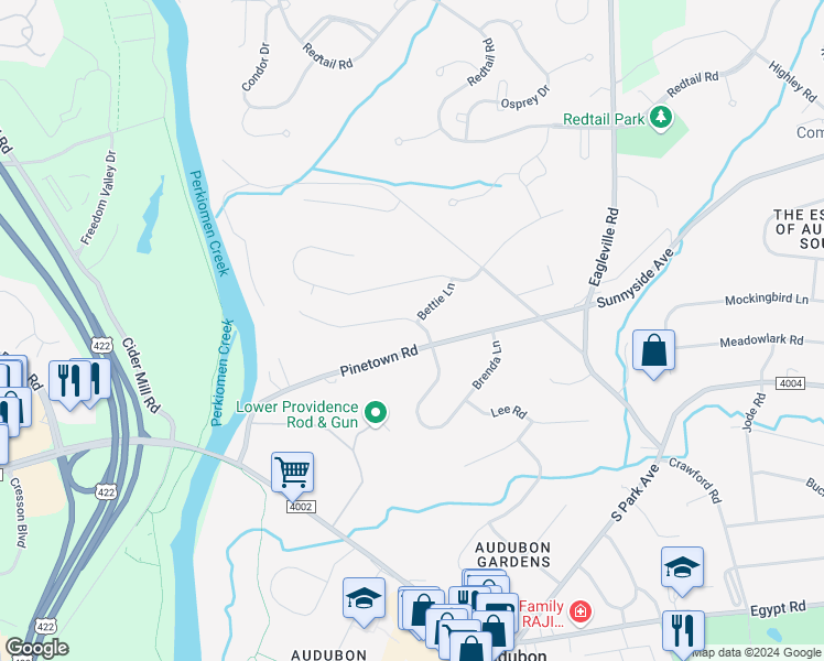 map of restaurants, bars, coffee shops, grocery stores, and more near 8 Pinetree Drive in Audubon