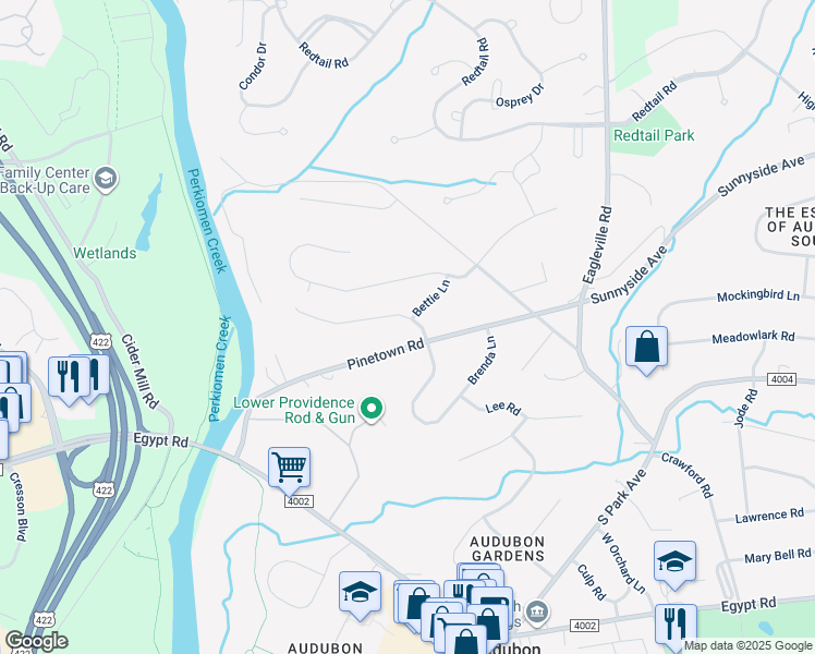 map of restaurants, bars, coffee shops, grocery stores, and more near 8 Pinetree Drive in Audubon