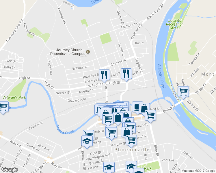 map of restaurants, bars, coffee shops, grocery stores, and more near 25 Franklin Avenue in Phoenixville