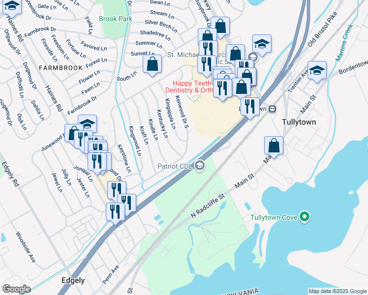 map of restaurants, bars, coffee shops, grocery stores, and more near 145 Kenwood Drive South in Levittown