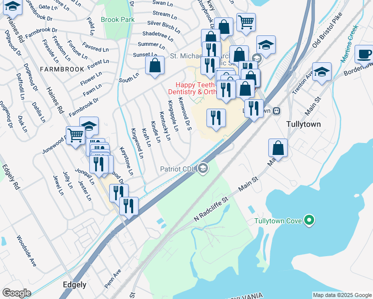 map of restaurants, bars, coffee shops, grocery stores, and more near 145 Kenwood Drive South in Levittown