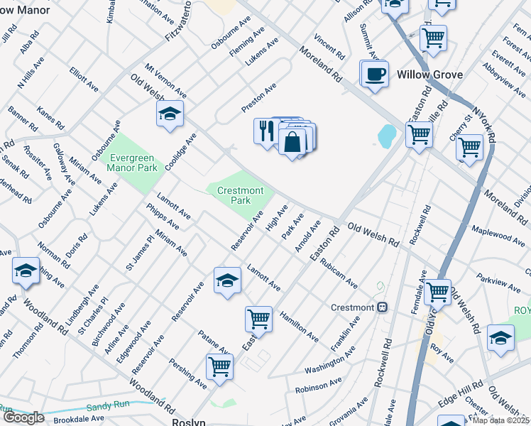 map of restaurants, bars, coffee shops, grocery stores, and more near 1719 Reservoir Avenue in Willow Grove