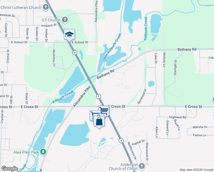 map of restaurants, bars, coffee shops, grocery stores, and more near 1707 Bethany Road in Anderson