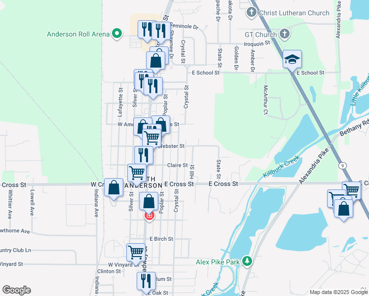 map of restaurants, bars, coffee shops, grocery stores, and more near 2113 Hill Street in Anderson