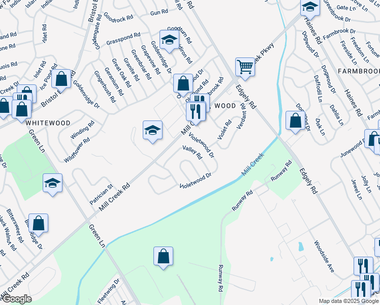 map of restaurants, bars, coffee shops, grocery stores, and more near 40 Valley Road in Levittown