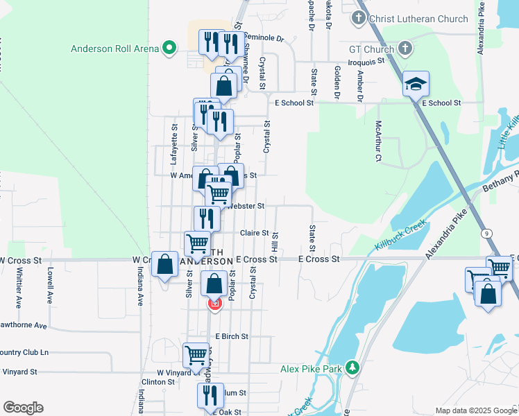 map of restaurants, bars, coffee shops, grocery stores, and more near 2113 Hill Street in Anderson