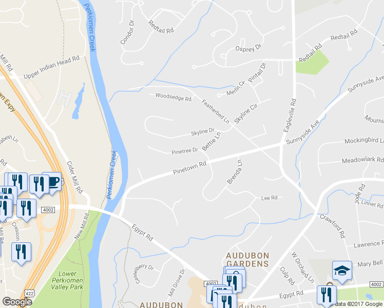 map of restaurants, bars, coffee shops, grocery stores, and more near 16 Pinetree Drive in Audubon