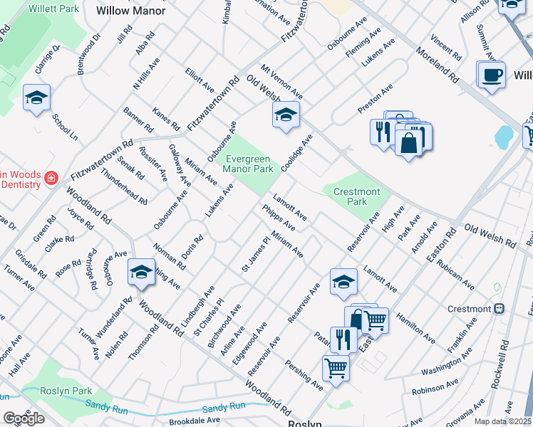 map of restaurants, bars, coffee shops, grocery stores, and more near 2623 Miriam Avenue in Abington