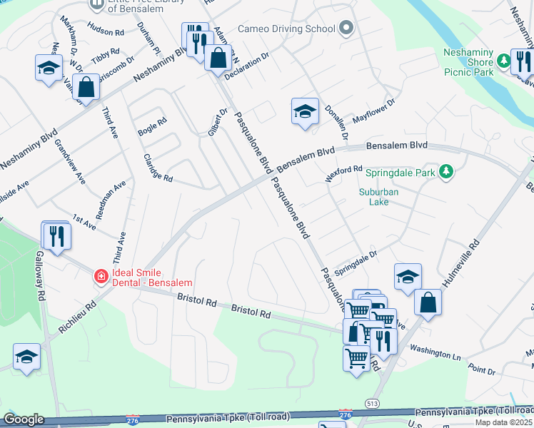 map of restaurants, bars, coffee shops, grocery stores, and more near 3337 Glendale Drive in Bucks County