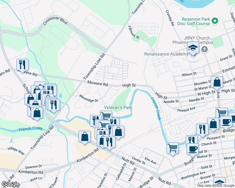 map of restaurants, bars, coffee shops, grocery stores, and more near 793 Westridge Gardens Way in Phoenixville