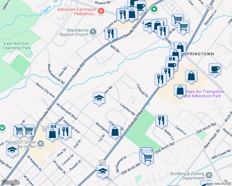 map of restaurants, bars, coffee shops, grocery stores, and more near 106 Lafayette Road in Norristown