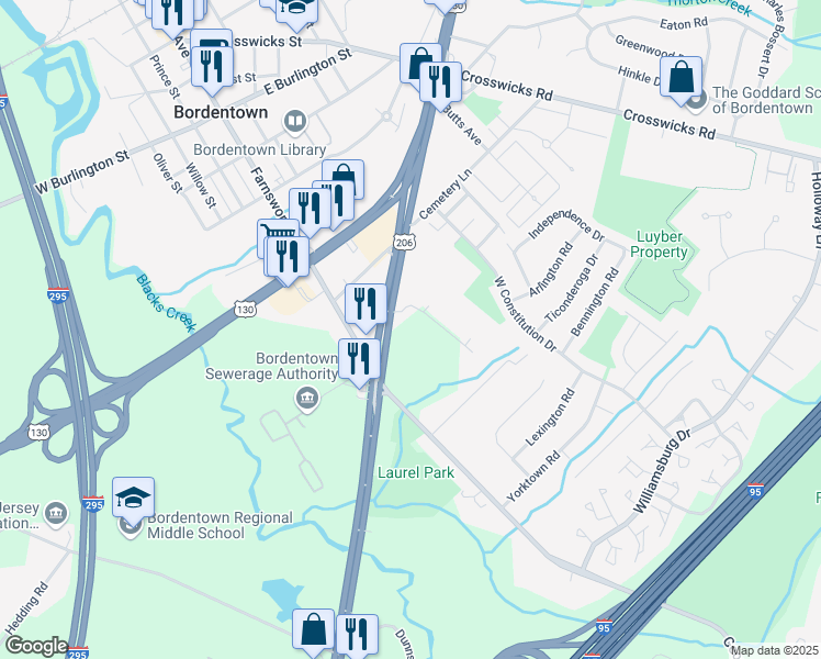 map of restaurants, bars, coffee shops, grocery stores, and more near 1025 U.S. 206 in Bordentown