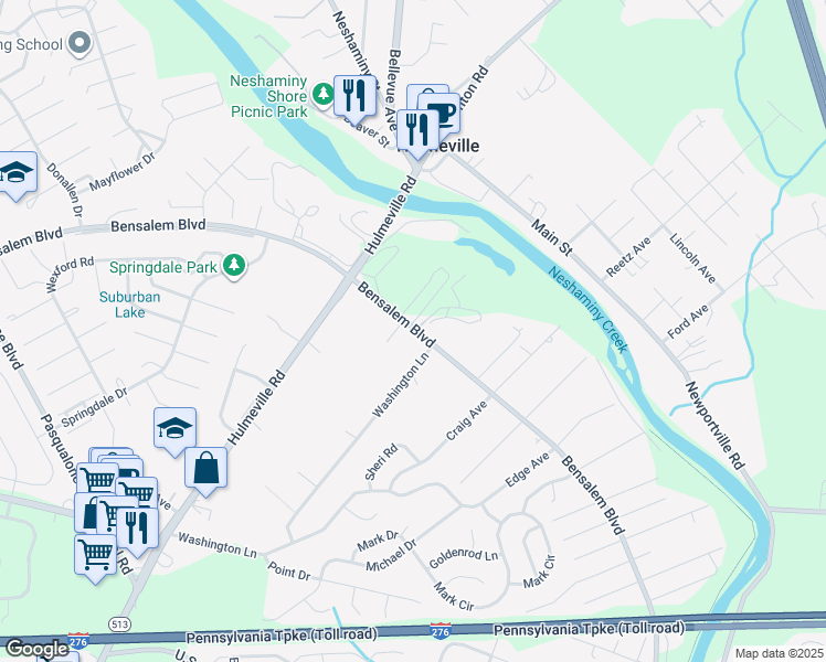 map of restaurants, bars, coffee shops, grocery stores, and more near 1922 Bensalem Boulevard in Bensalem