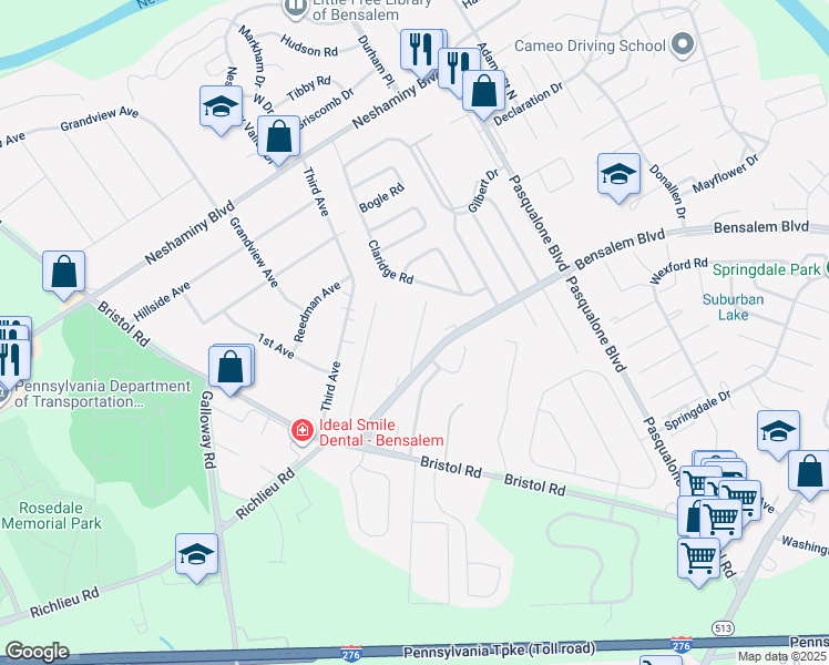 map of restaurants, bars, coffee shops, grocery stores, and more near 4932 Oxford Court in Bucks County