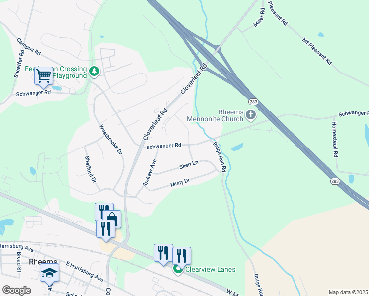 map of restaurants, bars, coffee shops, grocery stores, and more near 1236 Schwanger Road in Mount Joy