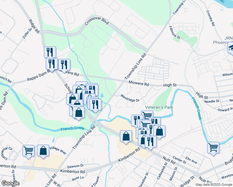 map of restaurants, bars, coffee shops, grocery stores, and more near 970 Township Line Road in Phoenixville