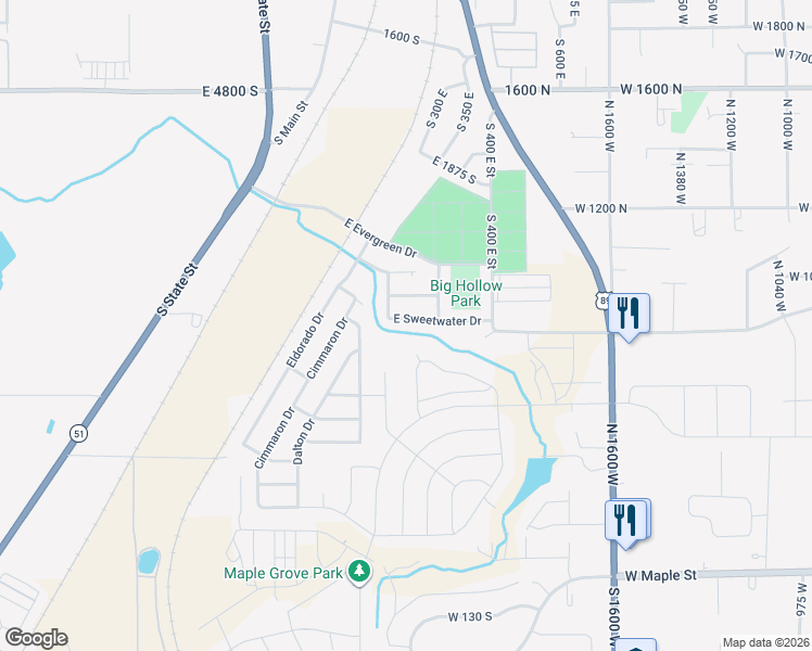 map of restaurants, bars, coffee shops, grocery stores, and more near 268 East Sweetwater Drive in Springville