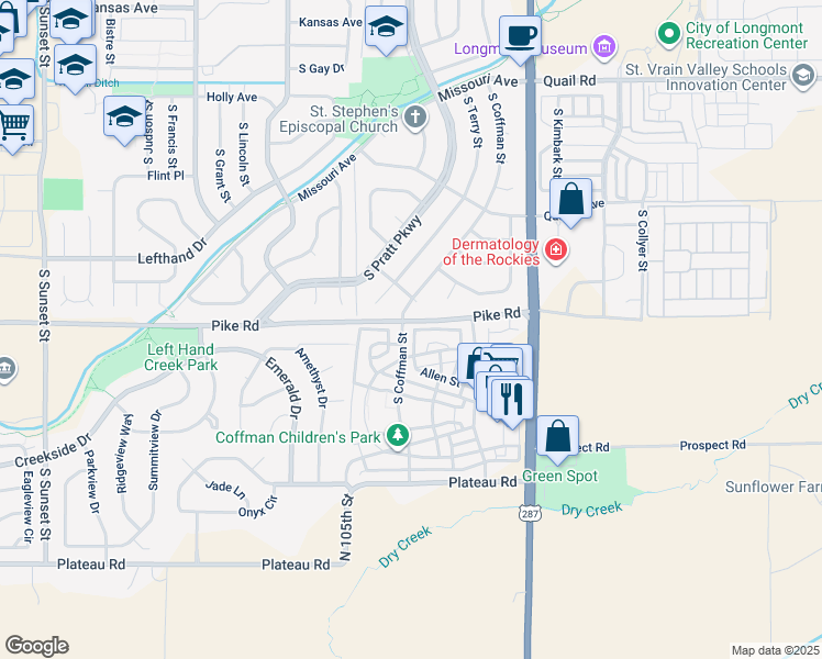 map of restaurants, bars, coffee shops, grocery stores, and more near 824 Neon Forest Circle in Longmont