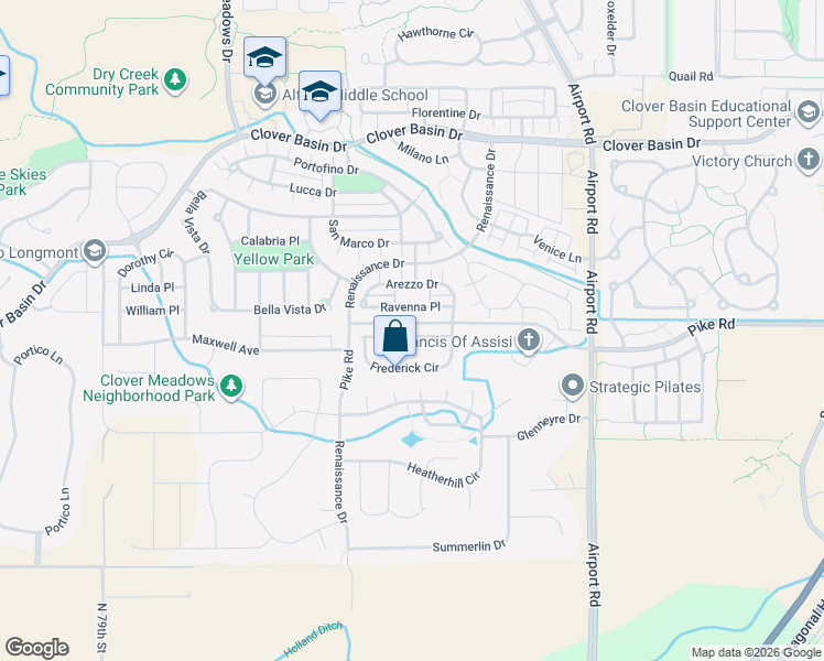 map of restaurants, bars, coffee shops, grocery stores, and more near 4128 Frederick Circle in Longmont