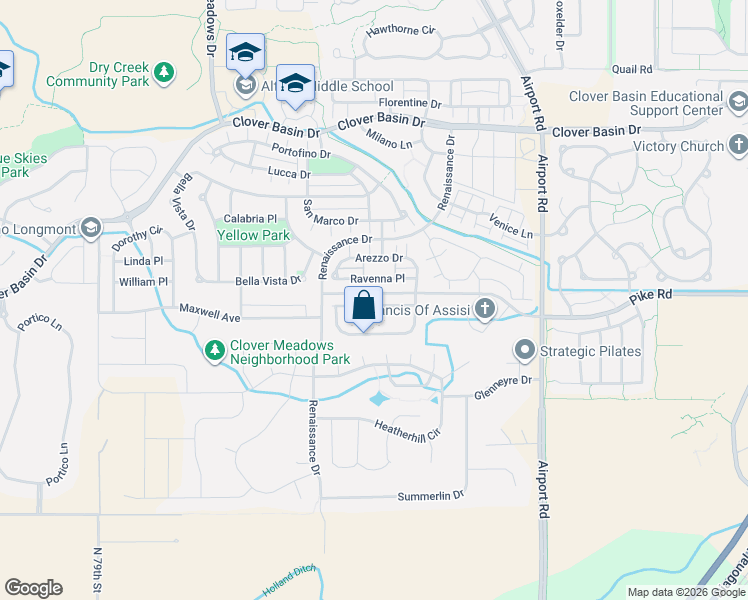 map of restaurants, bars, coffee shops, grocery stores, and more near 4128 Frederick Circle in Longmont