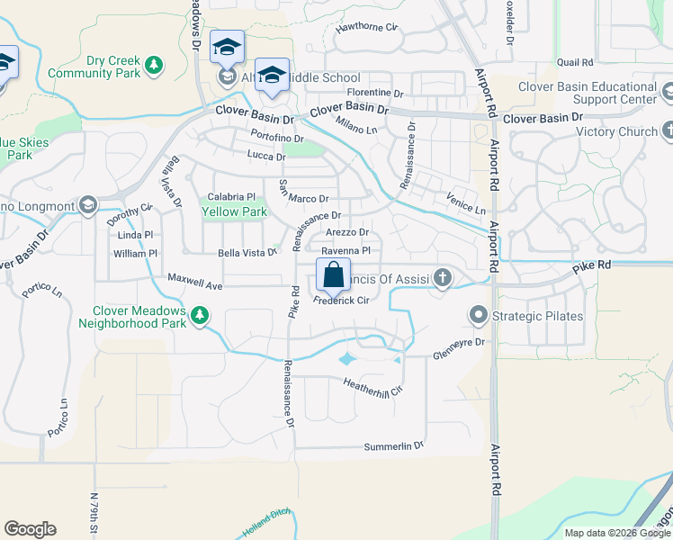 map of restaurants, bars, coffee shops, grocery stores, and more near 4128 Frederick Circle in Longmont