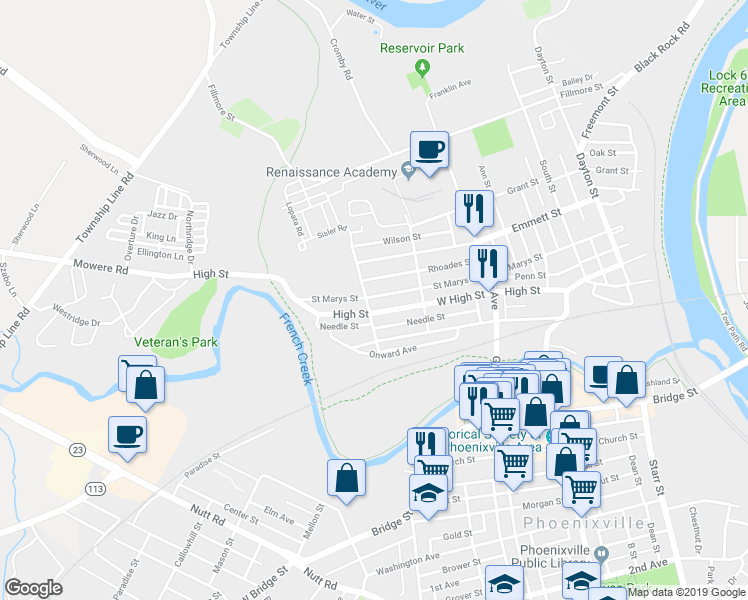 map of restaurants, bars, coffee shops, grocery stores, and more near 598 Saint Marys Street in Phoenixville
