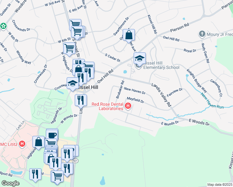 map of restaurants, bars, coffee shops, grocery stores, and more near 111 Brubaker Road in Lititz