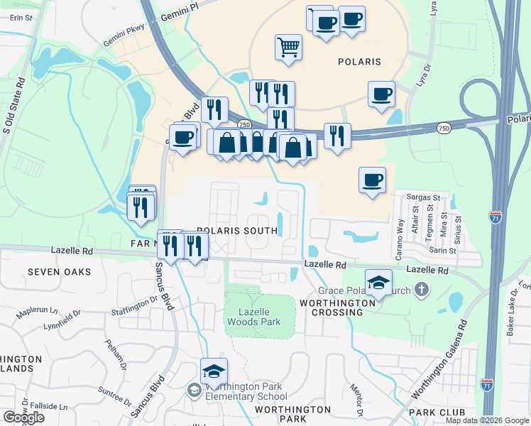 map of restaurants, bars, coffee shops, grocery stores, and more near 8344 Sable Crossing Drive in Columbus