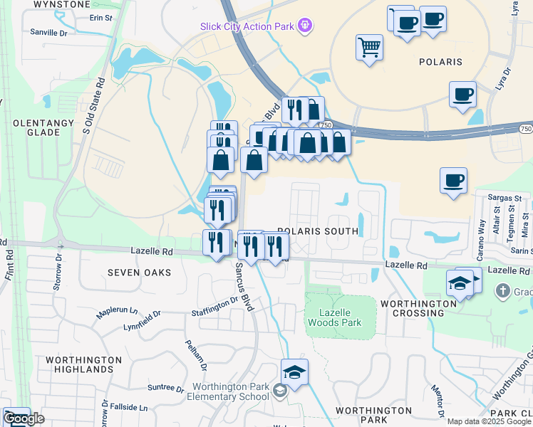 map of restaurants, bars, coffee shops, grocery stores, and more near 8350 Sancus Boulevard in Columbus