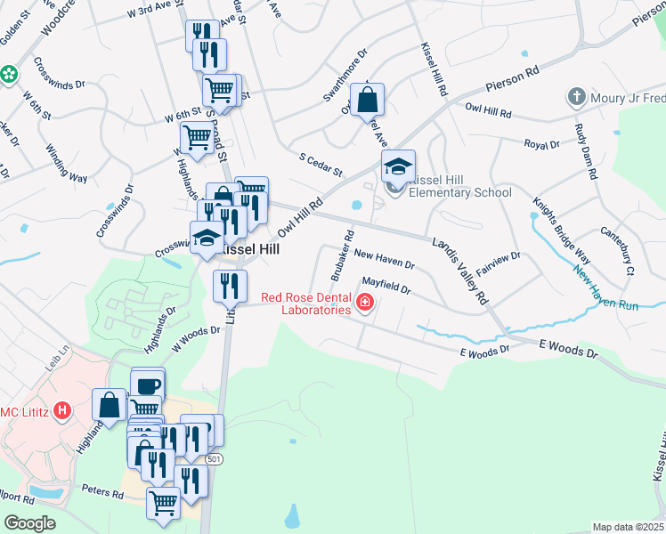 map of restaurants, bars, coffee shops, grocery stores, and more near 111 Brubaker Road in Lititz