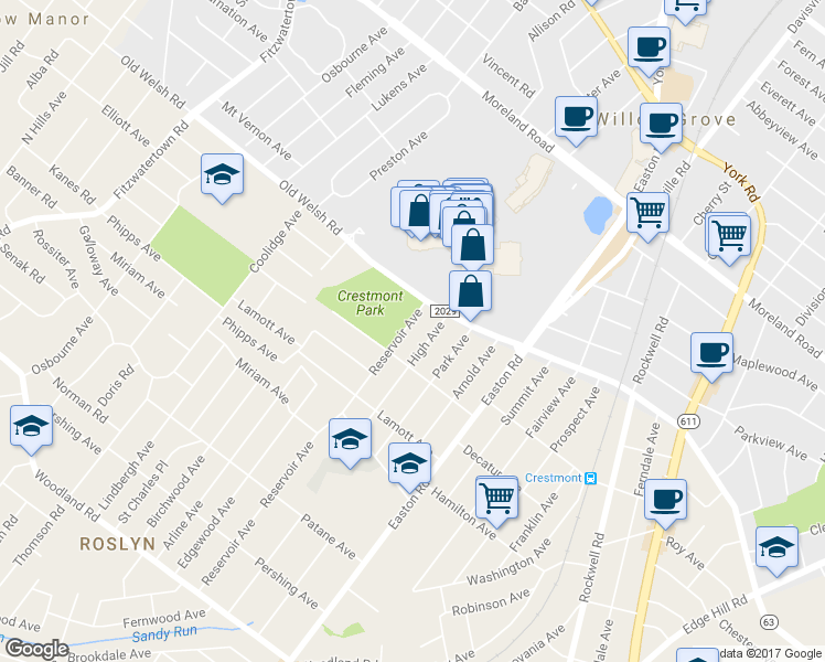 map of restaurants, bars, coffee shops, grocery stores, and more near 1723 Reservoir Avenue in Willow Grove