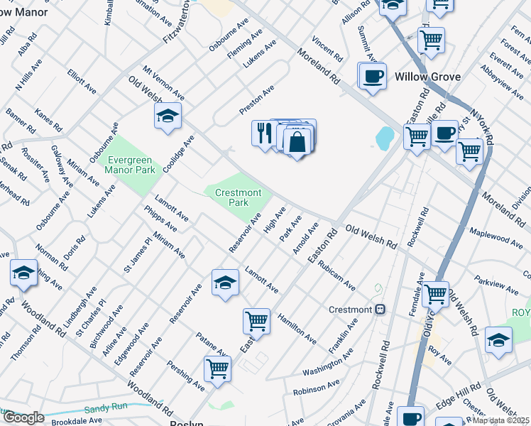 map of restaurants, bars, coffee shops, grocery stores, and more near 1723 Reservoir Avenue in Willow Grove