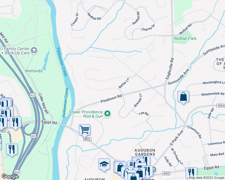 map of restaurants, bars, coffee shops, grocery stores, and more near 16 Pinetree Drive in Audubon