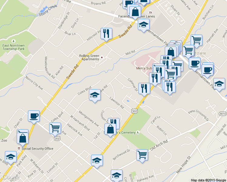 map of restaurants, bars, coffee shops, grocery stores, and more near 104 Lafayette Road in Norristown