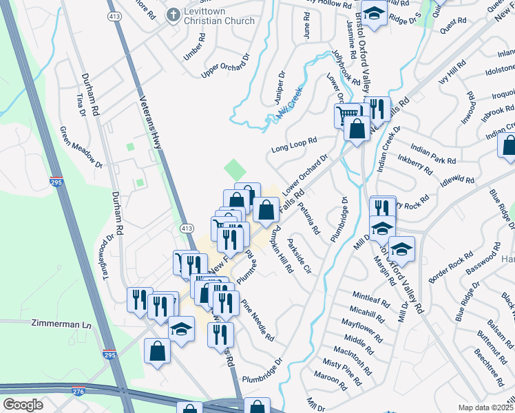 map of restaurants, bars, coffee shops, grocery stores, and more near 4501-4585 New Falls Rd in Levittown