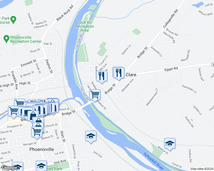map of restaurants, bars, coffee shops, grocery stores, and more near 101 2nd Avenue in Mont Clare