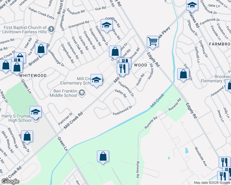 map of restaurants, bars, coffee shops, grocery stores, and more near 34 Vista Road in Levittown