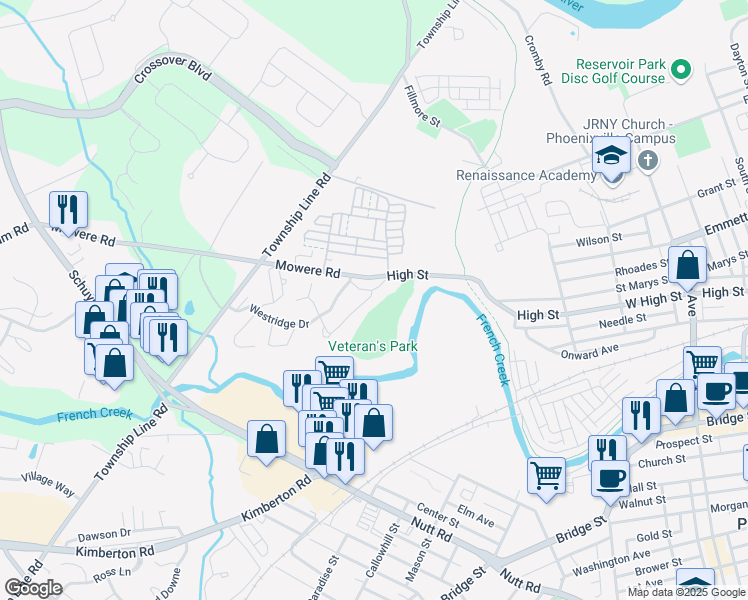 map of restaurants, bars, coffee shops, grocery stores, and more near 797 Westridge Gardens Way in Phoenixville
