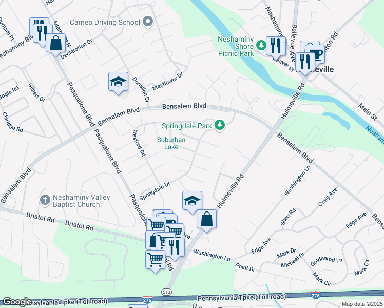 map of restaurants, bars, coffee shops, grocery stores, and more near 2467 Croydon Court in Bensalem