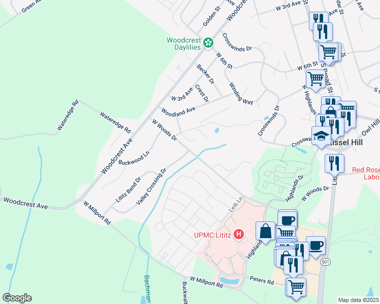 map of restaurants, bars, coffee shops, grocery stores, and more near 359 West Woods Drive in Lititz