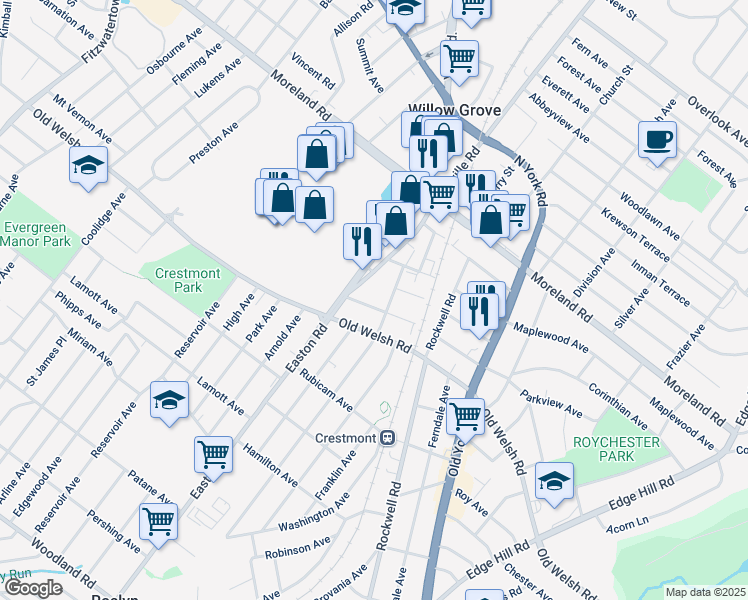 map of restaurants, bars, coffee shops, grocery stores, and more near 2313 Parkview Avenue in Willow Grove