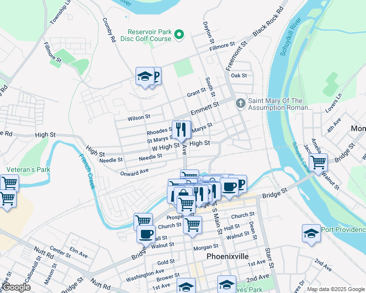 map of restaurants, bars, coffee shops, grocery stores, and more near 400 West High Street in Phoenixville