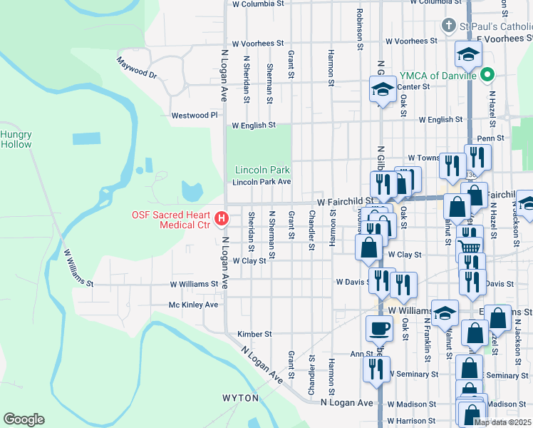 map of restaurants, bars, coffee shops, grocery stores, and more near 901-999 North Sherman Street in Danville