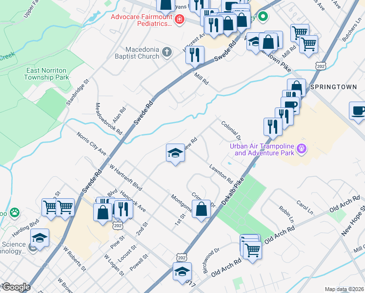 map of restaurants, bars, coffee shops, grocery stores, and more near 2329 Coles Boulevard in Norristown