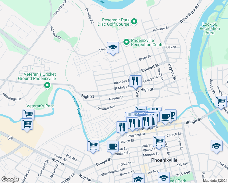 map of restaurants, bars, coffee shops, grocery stores, and more near 501 West High Street in Phoenixville