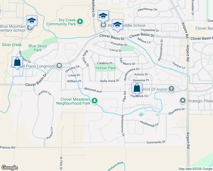 map of restaurants, bars, coffee shops, grocery stores, and more near 1721 Tuscany Court in Longmont
